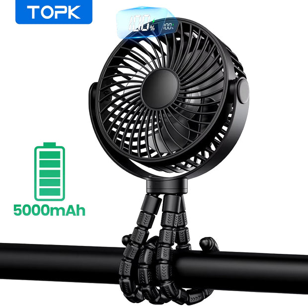 Portable Stroller Fan 5000Mah Battery LED Display FlexPortable Stroller Fan 5000Mah Battery LED Display Flexible Tripod Clipible Tripod Clip on Fan with 4 Speeds Rechargeable Small Personal Fan