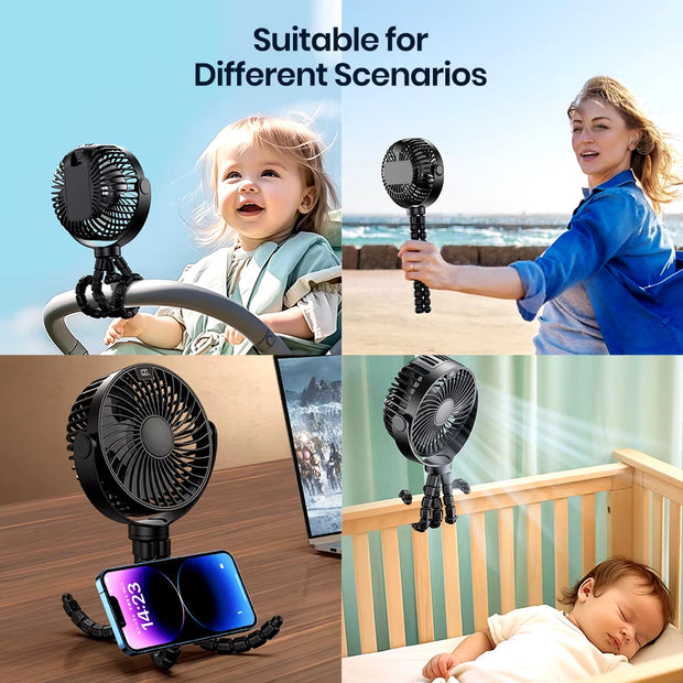 Portable Stroller Fan 5000Mah Battery LED Portable Stroller Fan 5000Mah Battery LED Display Flexible Tripod ClipDisplay Flexible Tripod Clip on Fan with 4 Speeds Rechargeable Small Personal Fan