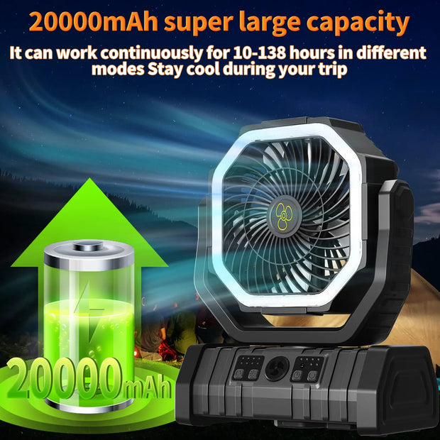 20000mAh 10000mAhUSB Rechargeable Camping Fan Portable Air Circulators Wireless Fans 270 ° Head Rotation Tent Fan