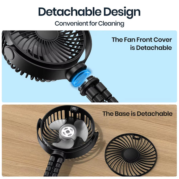 Portable Stroller Fan 5000Mah Battery LED Portable Stroller Fan 5000Mah Battery LED Display Flexible Tripod ClipDisplay Flexible Tripod Clip on Fan with 4 Speeds Rechargeable Small Personal Fan